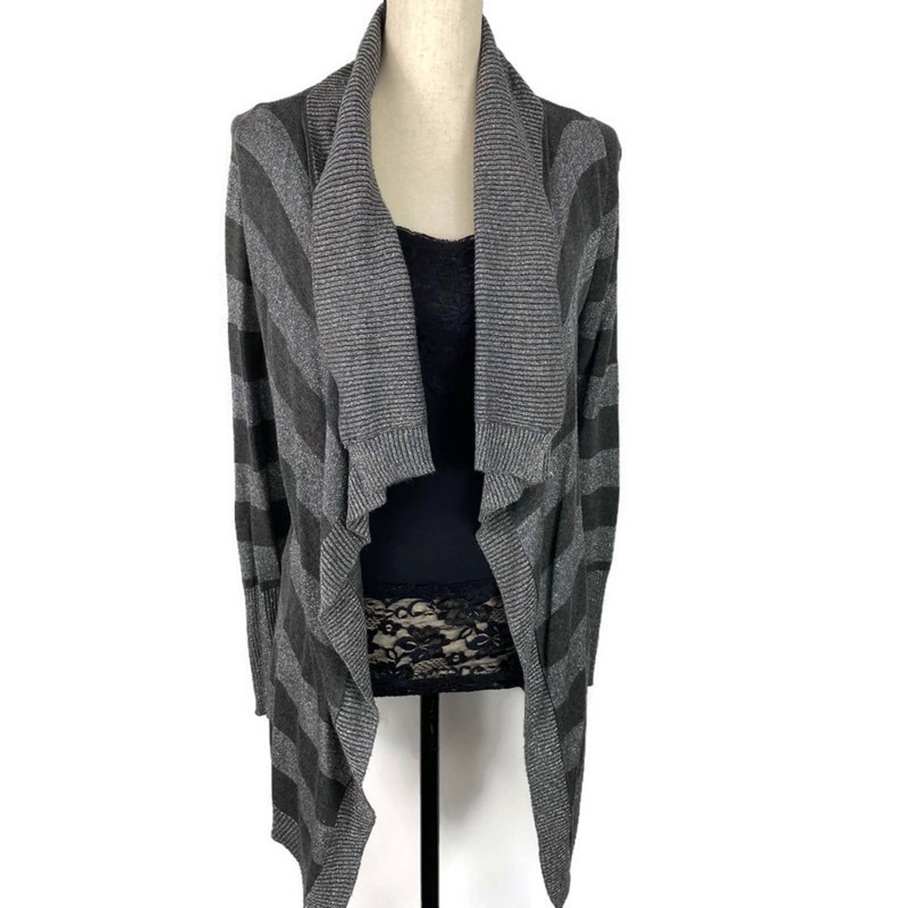Belldini Waterfall Cardigan Sweater Striped Gray Silver Open Womens Sz Med
